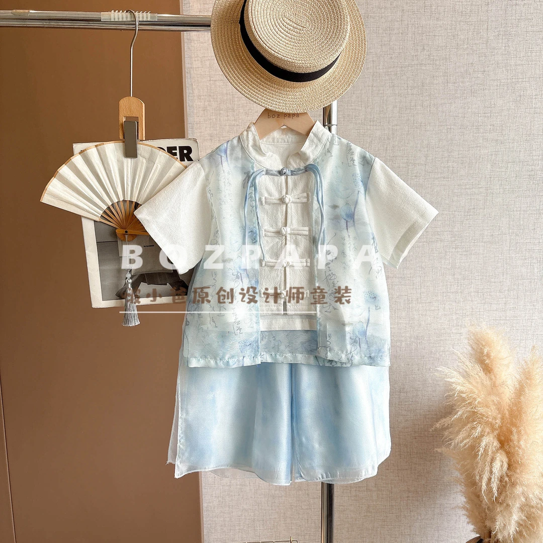 现货啵小爸【蓝纱似水】2025夏季男童新中式假两件设计衬衫长裤套装