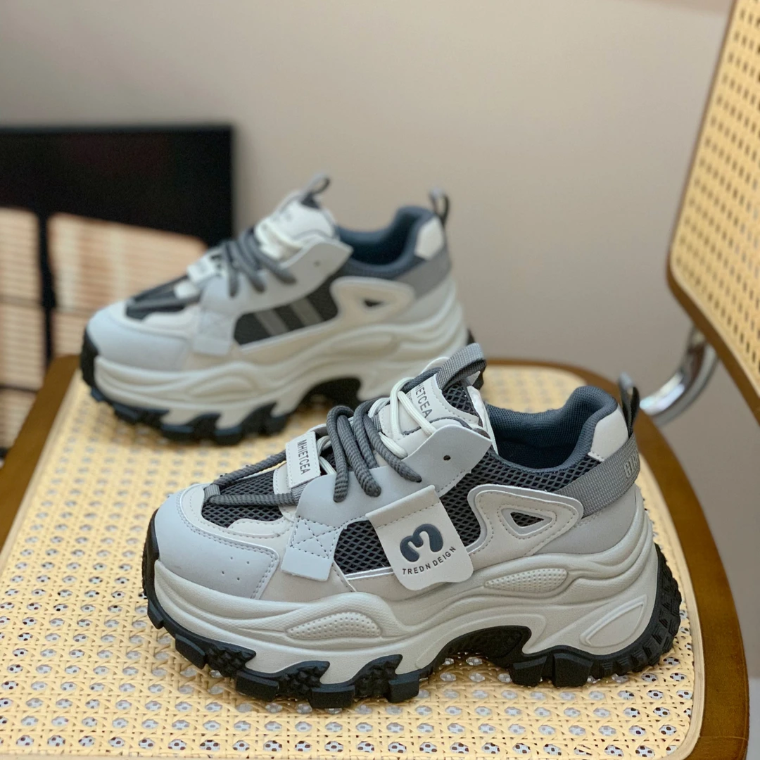 复古真皮老爹鞋女2025新款春秋小个子厚底网面透气小众运动休闲鞋