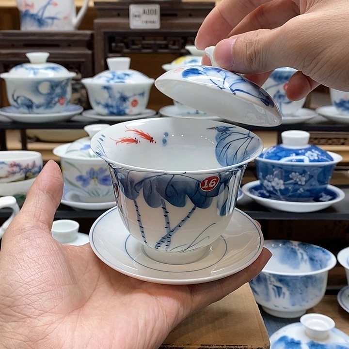 手绘内外绘荷花盖碗160cc釉下彩微瑕福利款