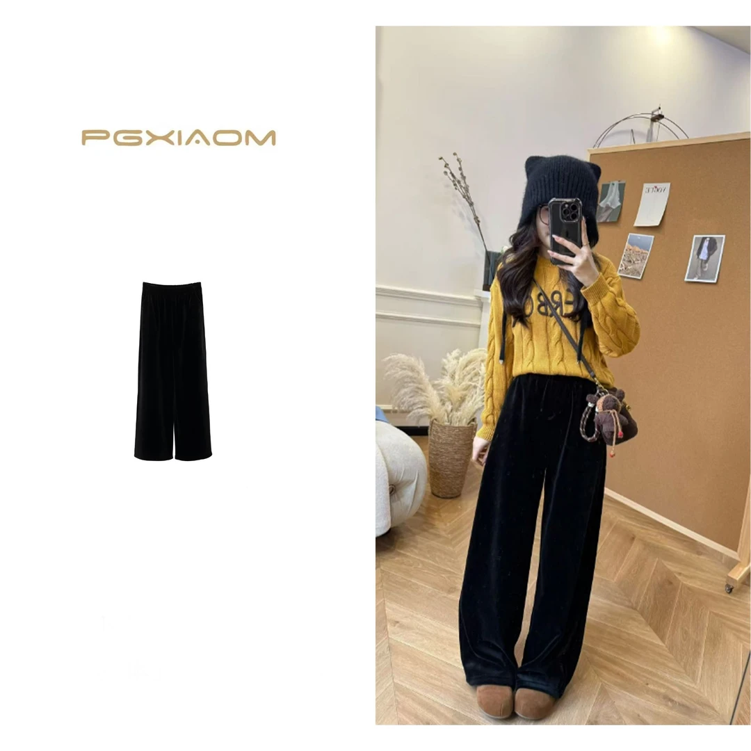 【PGXIAOM】润秀定制黑色丝绒加绒阔腿裤KZ10503 （宽松版、腰围松紧）