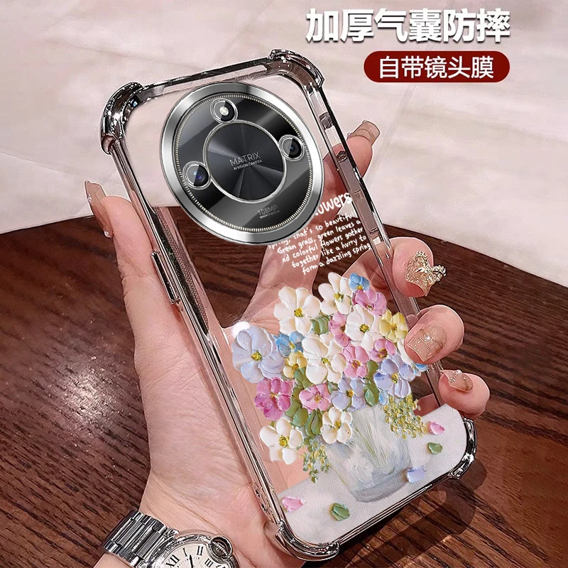 适用荣耀X60手机壳透明四角防摔x60pro硅胶带镜头膜x60i花朵女款