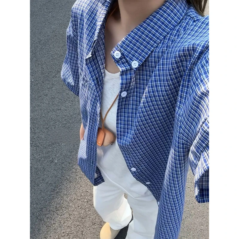 蓝色格子短袖衬衫男女夏季潮牌cleanfit美式复古格纹衬衣情侣外套