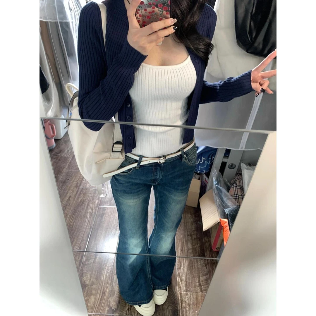 韩系藏青色开衫针织衫女春秋短款内搭叠穿吊带背心百搭两件套上衣