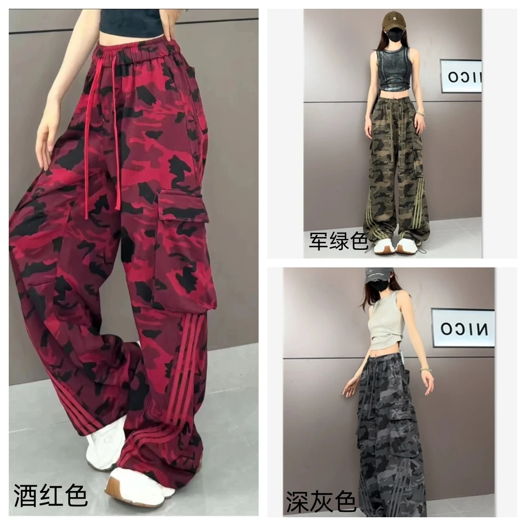 2025秋冬新款美式条纹迷彩工装休闲口袋宽松显瘦直筒阔腿裤