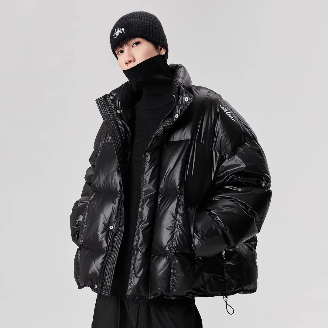 高充绒黑色鸭绒羽绒服男冬季加厚保暖面包服字母刺绣立领情侣外套