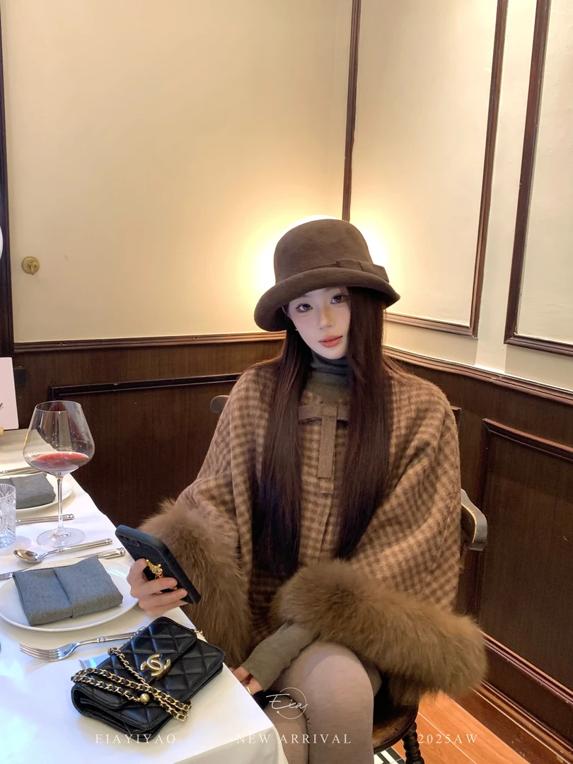 EIA一尧【巧克力恋人】100羊毛双面呢千金感斗篷外套袖口狐狸毛可拆