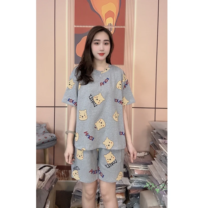 睡衣女夏季新款纯棉短袖短裤休闲可外穿家居服套装（黄油小熊）