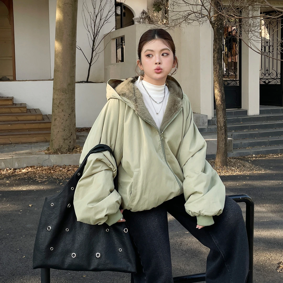 小草宽松定制超好看的冬装加绒连帽风衣外套大码女装韩系情侣棉服
