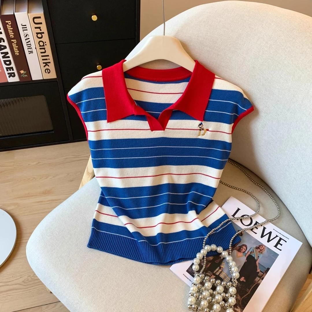 自留推荐-撞色条纹polo领冰丝针织小飞袖上衣女夏季正肩短袖t恤