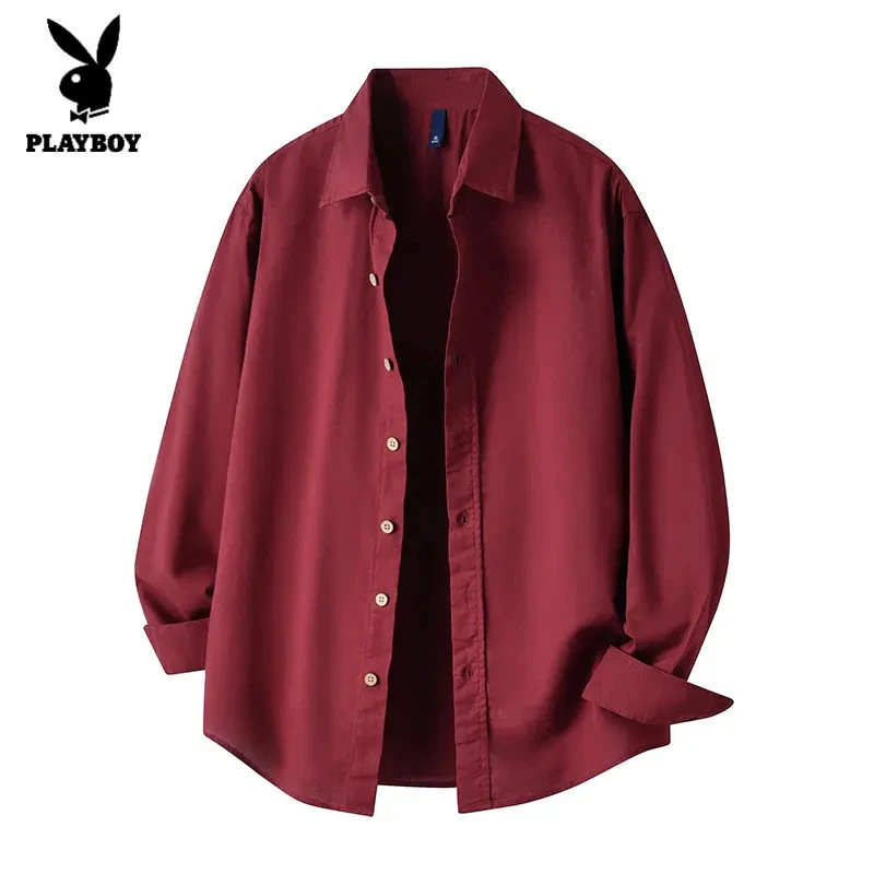 花花公子亚麻纯色长袖衬衫男2025秋季新款百搭宽松休闲衬衣外套潮
