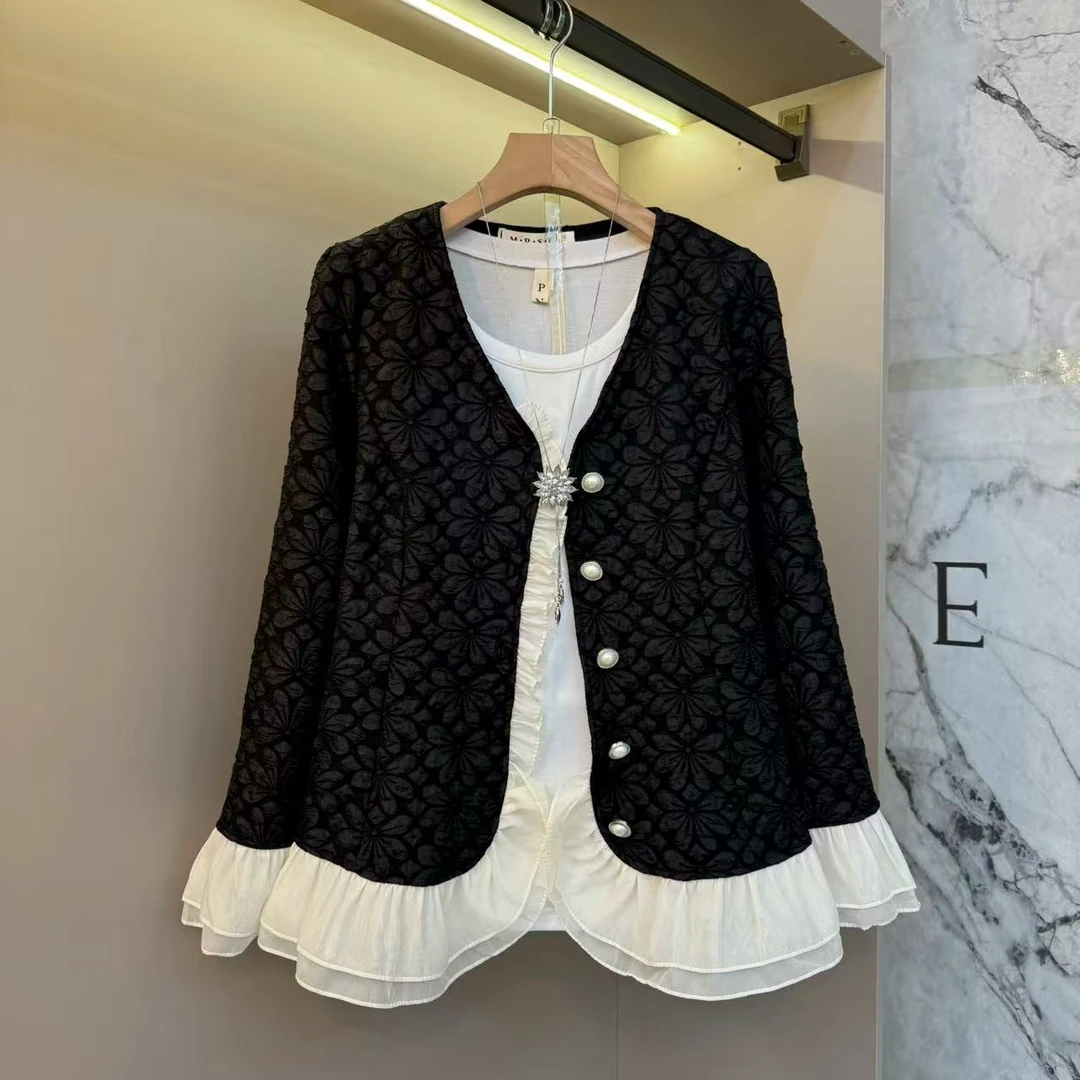 秋季新款2025小香风款式大码女装拼接花边底摆开衫上衣外套9998