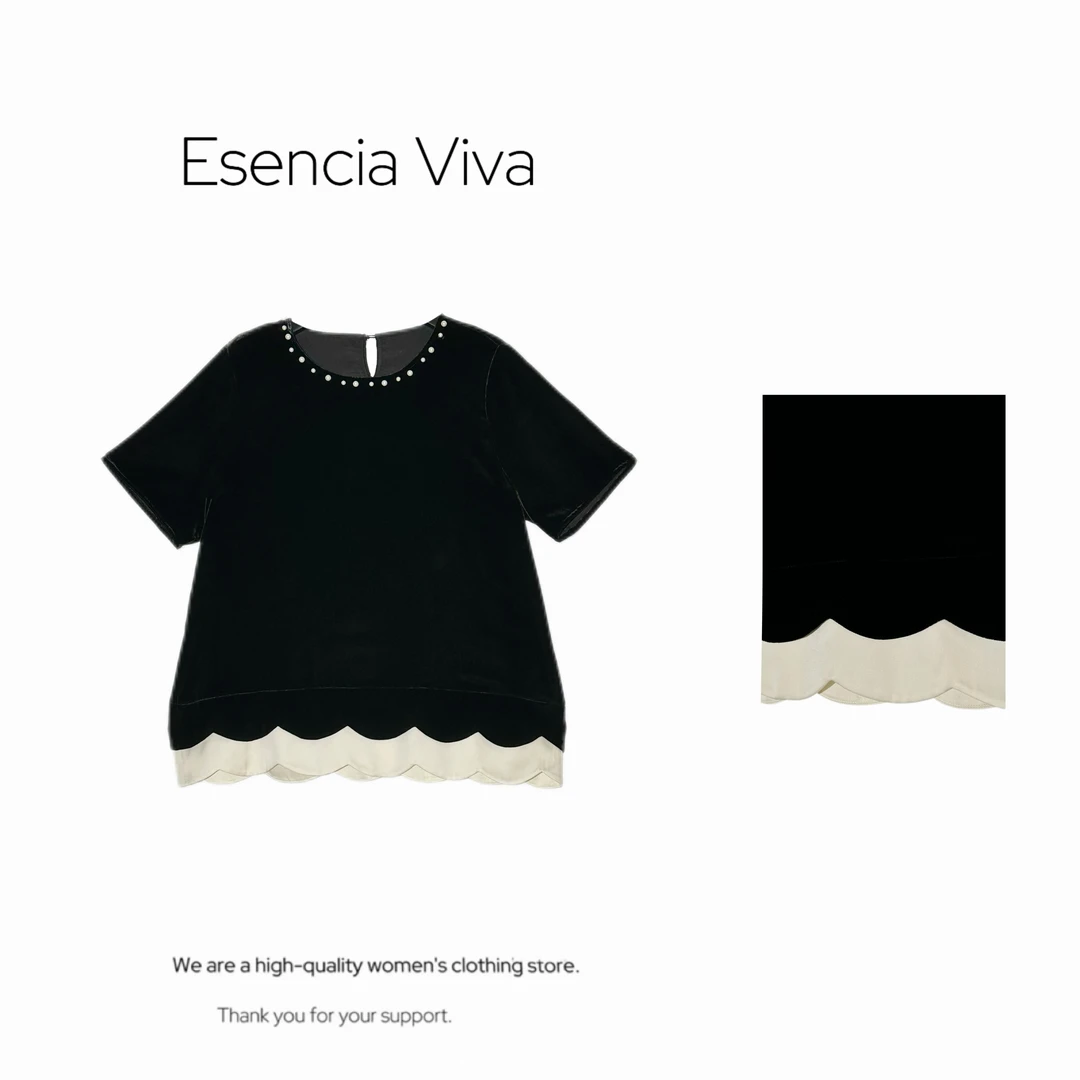 EV.【法雅波浪】100%桑蚕丝波浪下摆珍珠法式短袖短袖女t恤EVSY0692