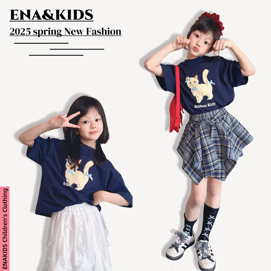 ENA恩娜kids【甜喵日志】女童猫咪蝴蝶结短袖T恤夏季宽松圆领上衣