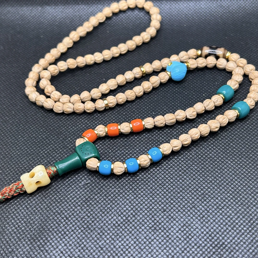 老吴老料坛城三眼条纹玛瑙百香籽设计款108项链6mm左右