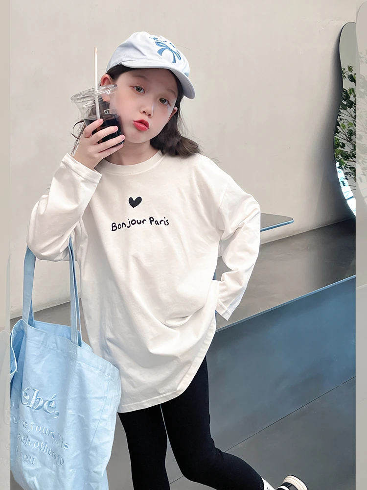 女童秋装长袖T恤儿童休闲中长款上衣女大童韩版百搭2025春秋新款