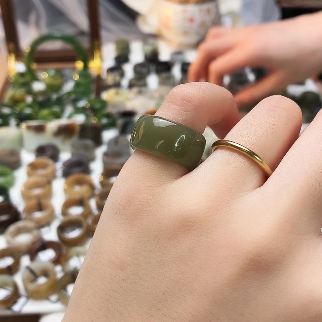 和田玉未镶嵌戒指x57冰透绿直切16.2不退换