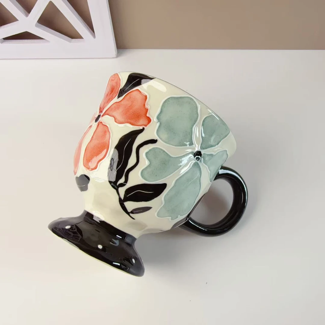 1211高端纯手工釉下彩高脚马克杯水墨丹青450ml单只装