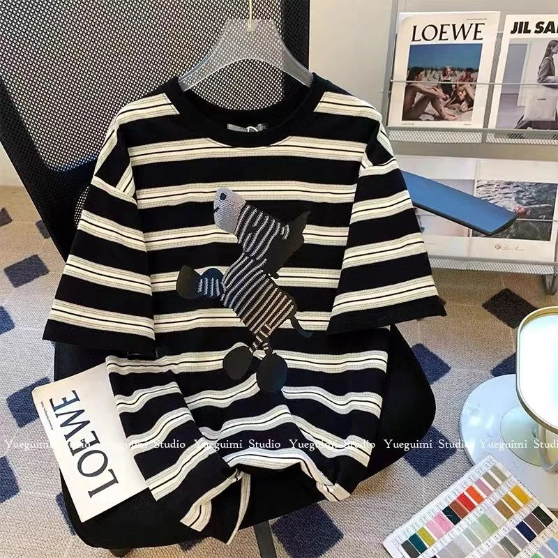 胖妹妹大码240斤设计感小众撞色条纹短袖T恤女夏季别致慵懒风上衣