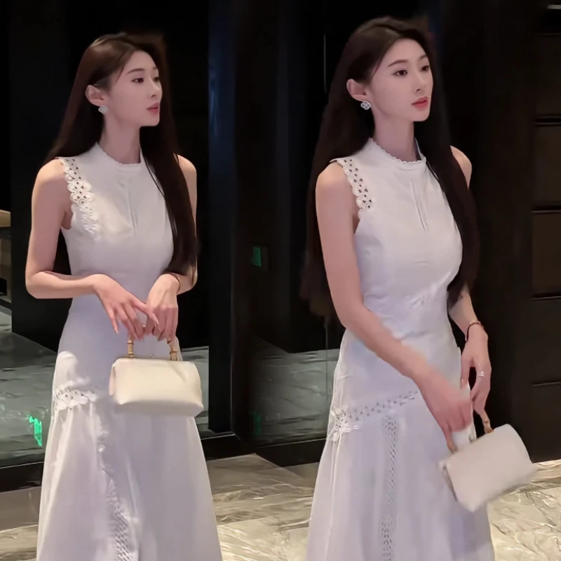 蕾丝拼接无袖连衣裙2025年夏季新款收腰显瘦A字长裙爆款裙子女装