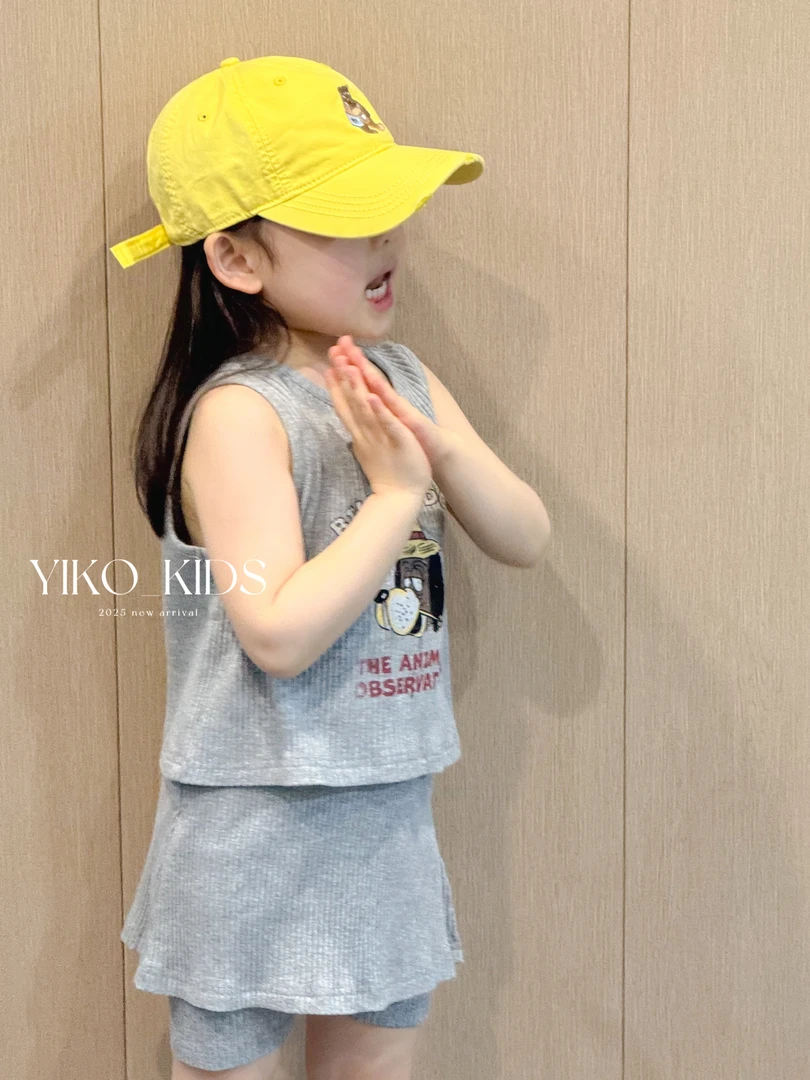 【现】儿童夏季日系草帽小狗背心裙裤两件套