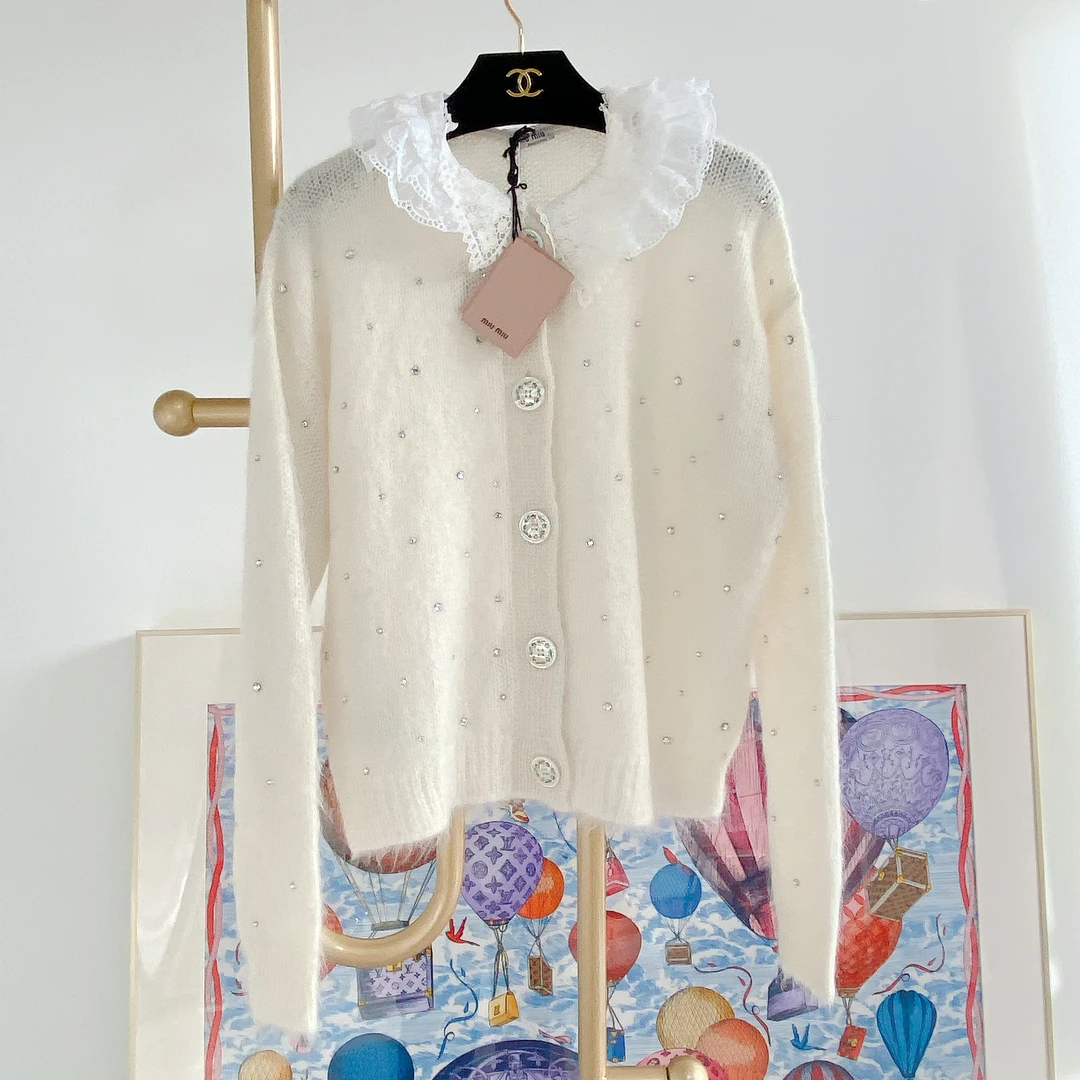99新 MIU MIU/缪缪 【miumiu】#缪缪 白色水钻针织开衫