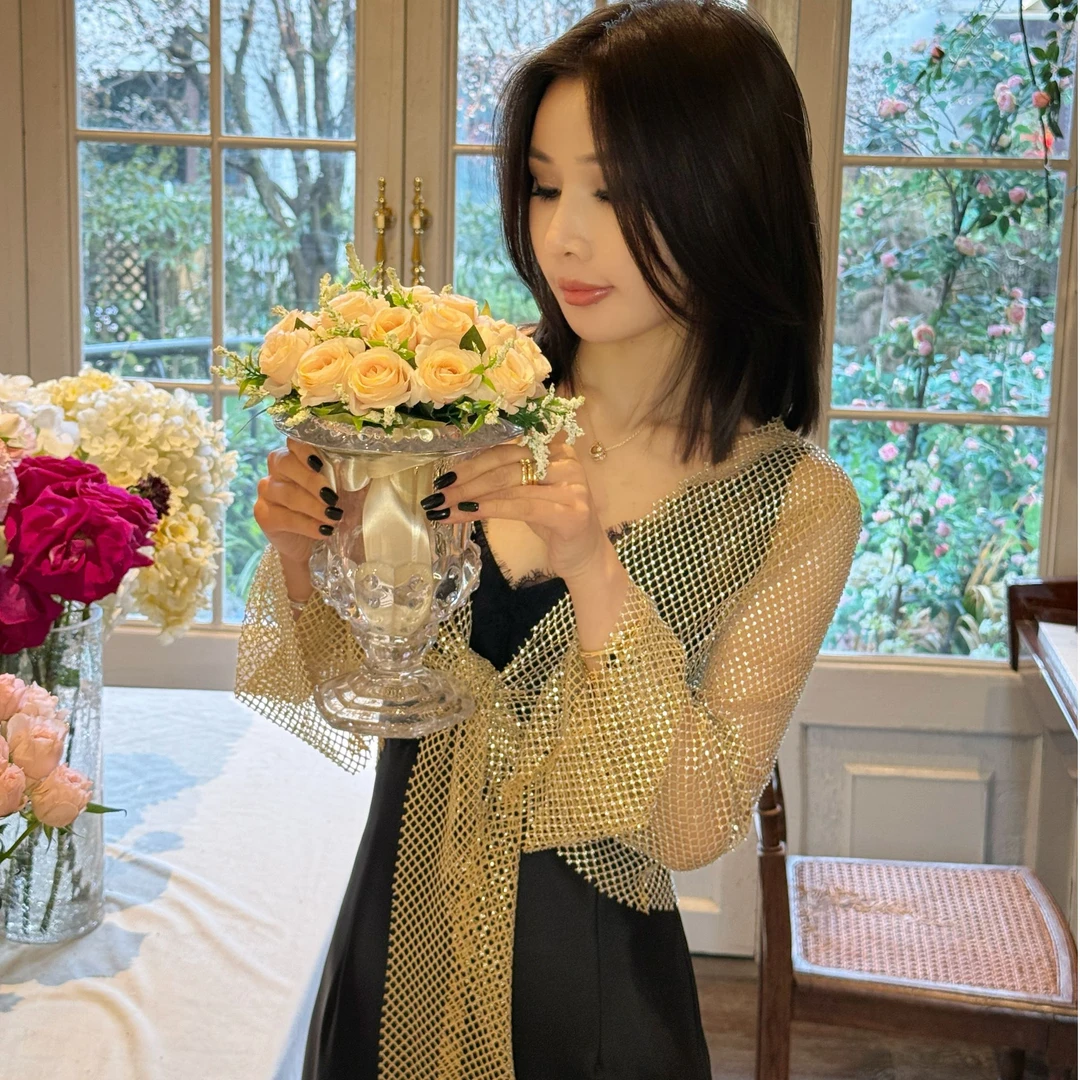 LUXURYMEMO【人鱼小姐】气质名媛轻奢性感烫钻网半透显身材绑带长