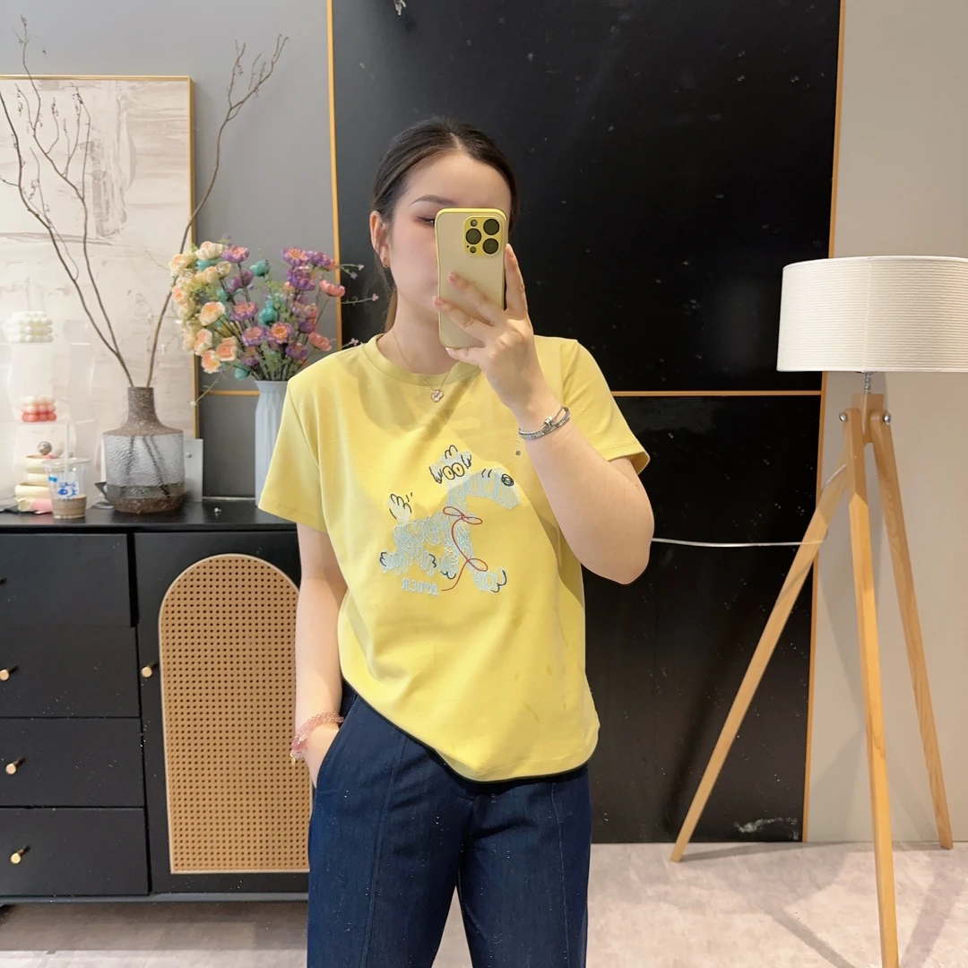 【欧加粒粒】韩系圆领线绣小狗极简百搭显瘦正肩T恤2025夏 H82549