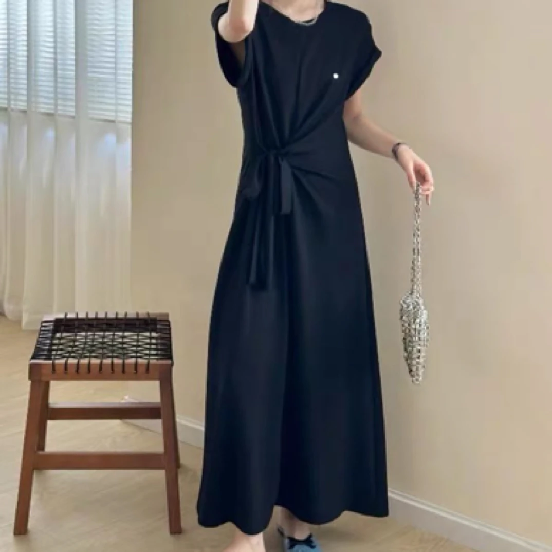 YanJie臻选·韩系设计感绑带收腰短袖连衣裙