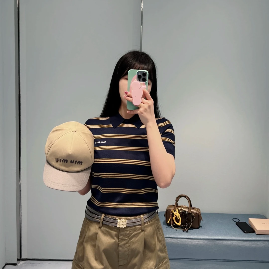 99新 MIU MIU/缪缪 25SS 蓝黄拼色条纹针织Polo短袖 36码