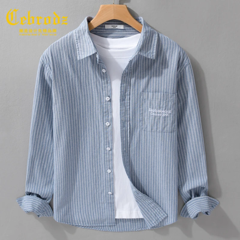 法国Cebrodz日系清新条纹刺绣衬衫男长袖春秋装上衣休闲纯棉文艺