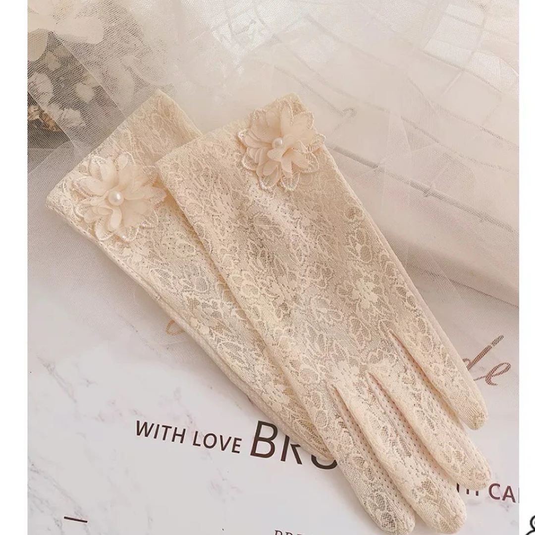 高颜值春夏花朵透气时尚薄款可触屏耐磨弹力女款蕾丝手套D3301