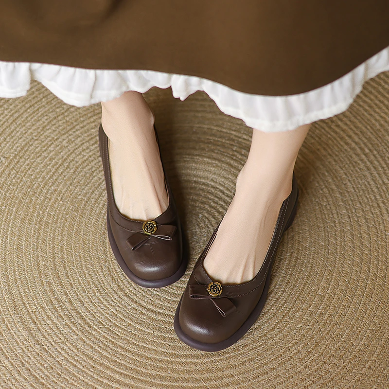 牛皮/跟高5cm/春秋百搭真皮软底复古粗跟英伦风平底舒适妈妈单鞋