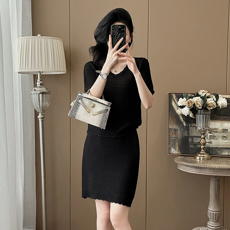 时尚休闲套装女夏季气质高级感短袖上衣半身短裙针织两件套装裙子