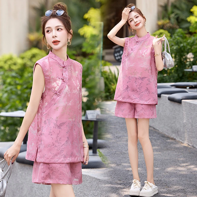 新中式国风盘扣镂空提花短裤套装女夏2025新款改良旗袍短裤两件套