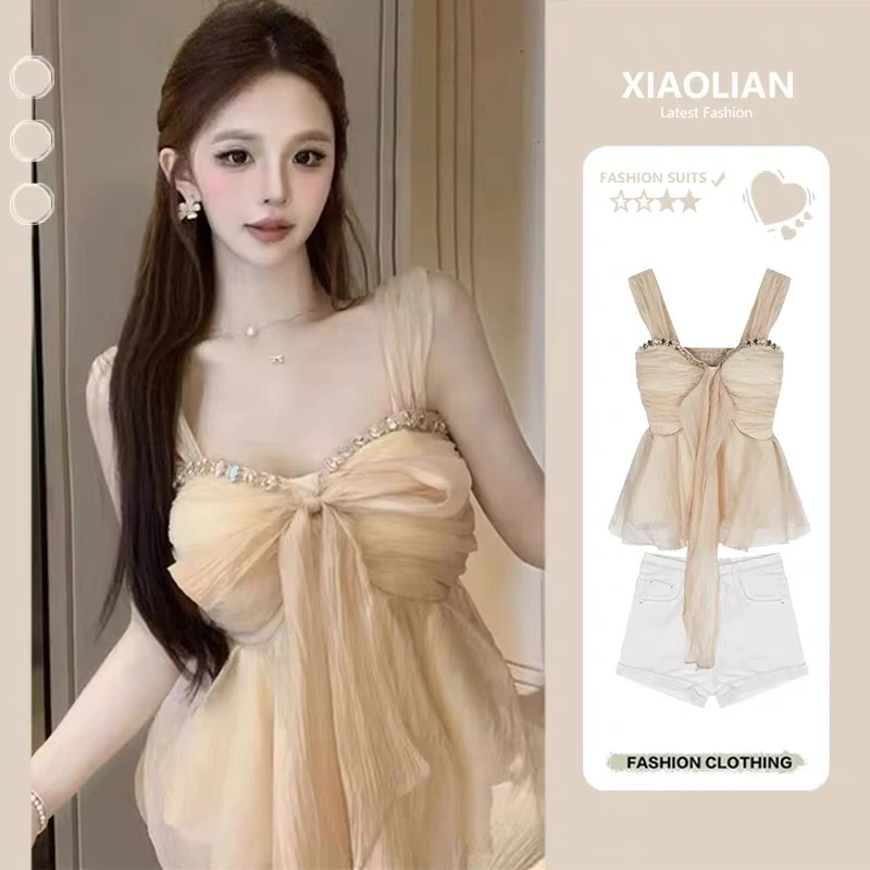 2025新款夏装显瘦短款辣妹气质雪纺衫性感上衣镶钻设计感小衫女