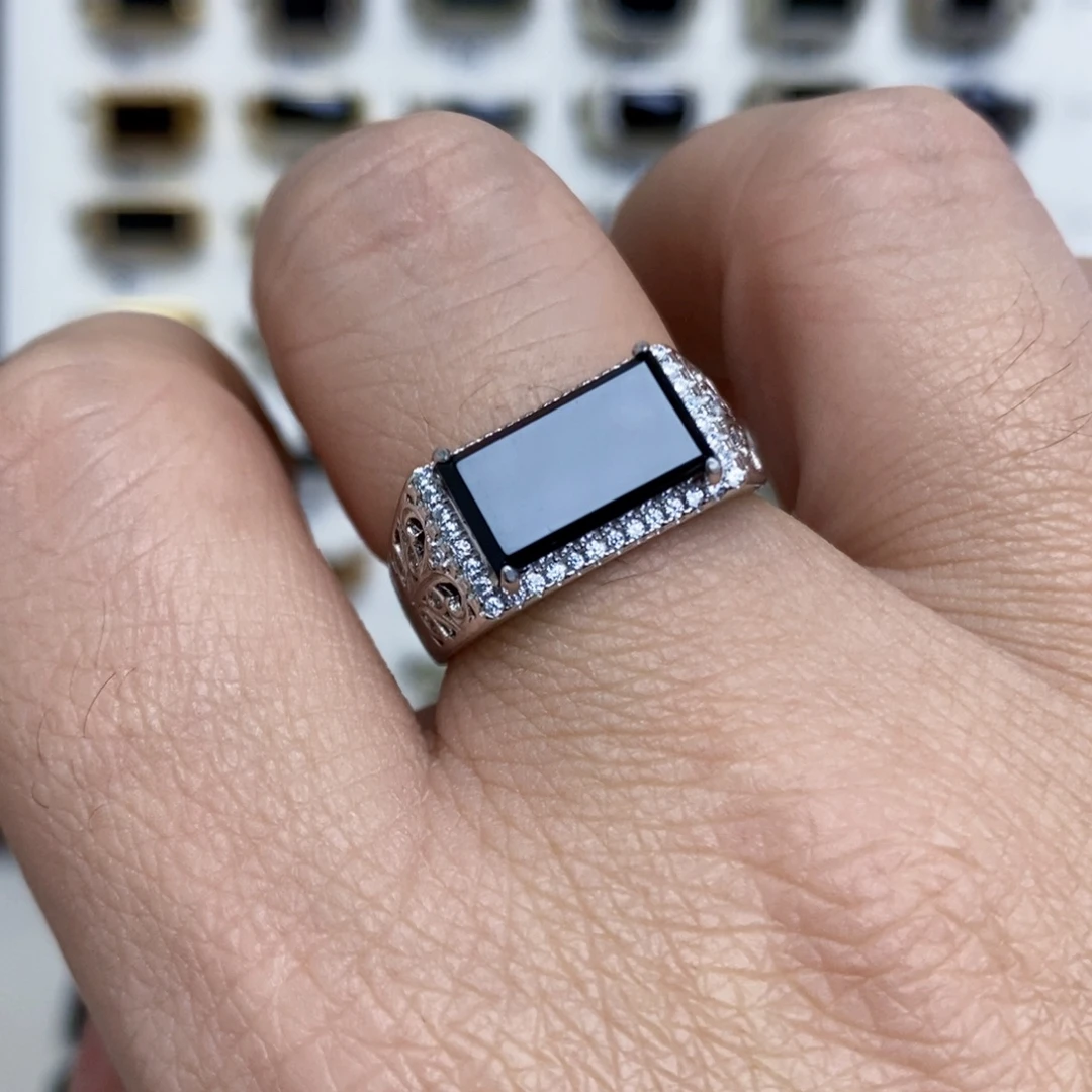 翡翠银S925镶嵌戒指墨翠戒指