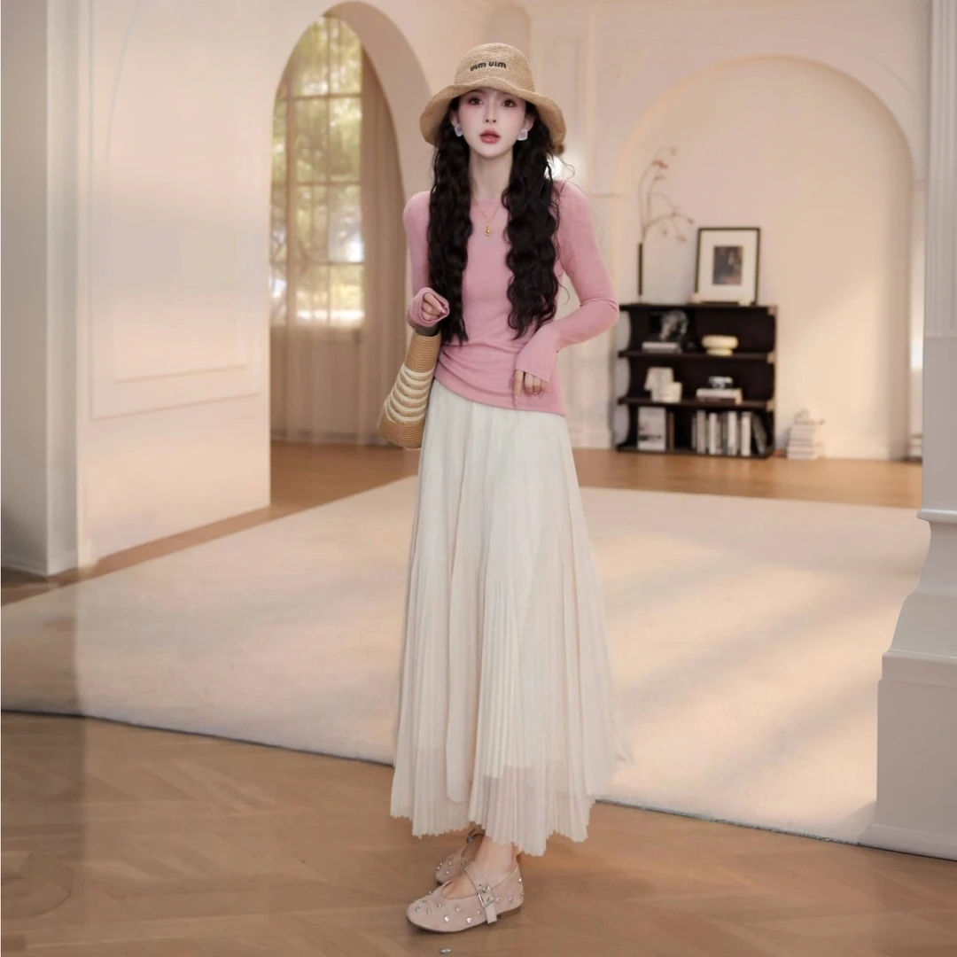 小众炸街高级感女装春夏防晒罩衫长袖针织上衣百搭褶皱半身裙套装