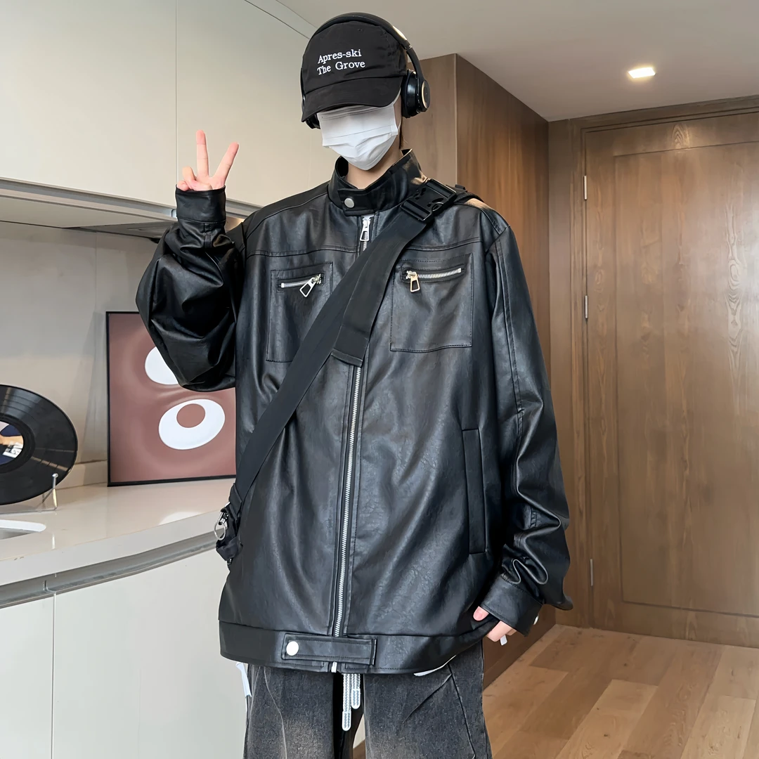 春秋新款潮流复古设计皮衣夹克男女同款百搭oversize休闲上衣外套
