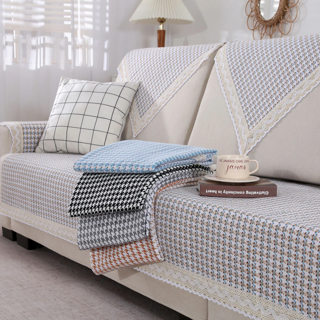 千鸟格加厚通用防滑棉麻沙发垫靠背盖巾防静电沙发毯亚麻简约