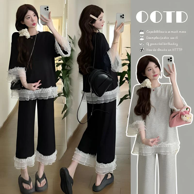 2025夏季孕妇装上衣七分袖拼接蕾丝花边托腹弹力裤套装两件套辣妈