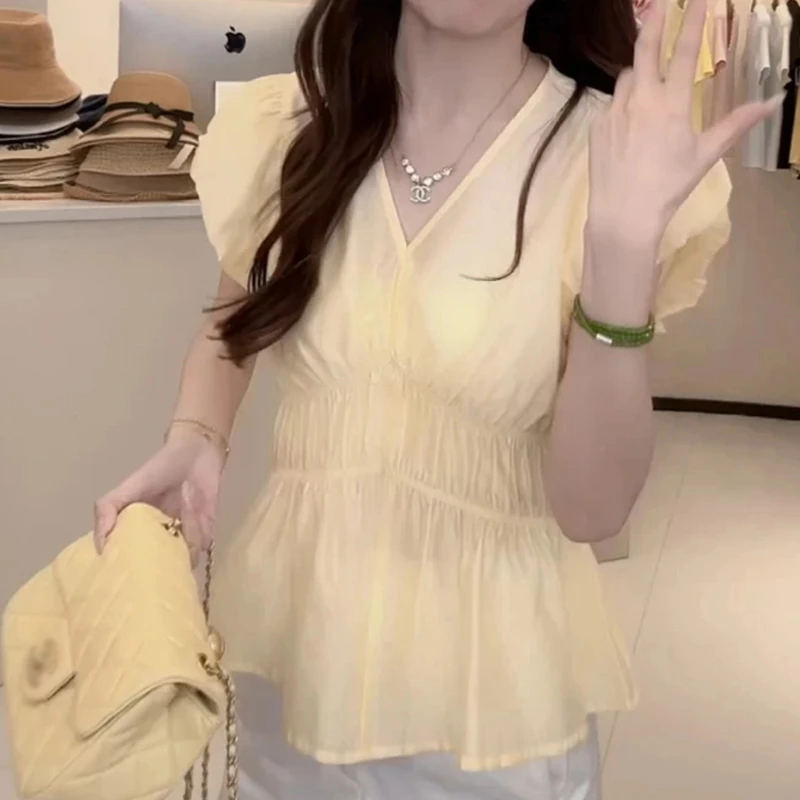 法式甜美时尚气质独特短袖衬衫女2025夏季小众高级感收腰衬衣上衣