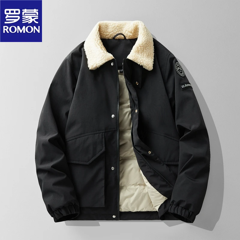 Romon/罗蒙羽绒服男冬季新款潮流羊羔毛翻领工装简约保暖冬装外套
