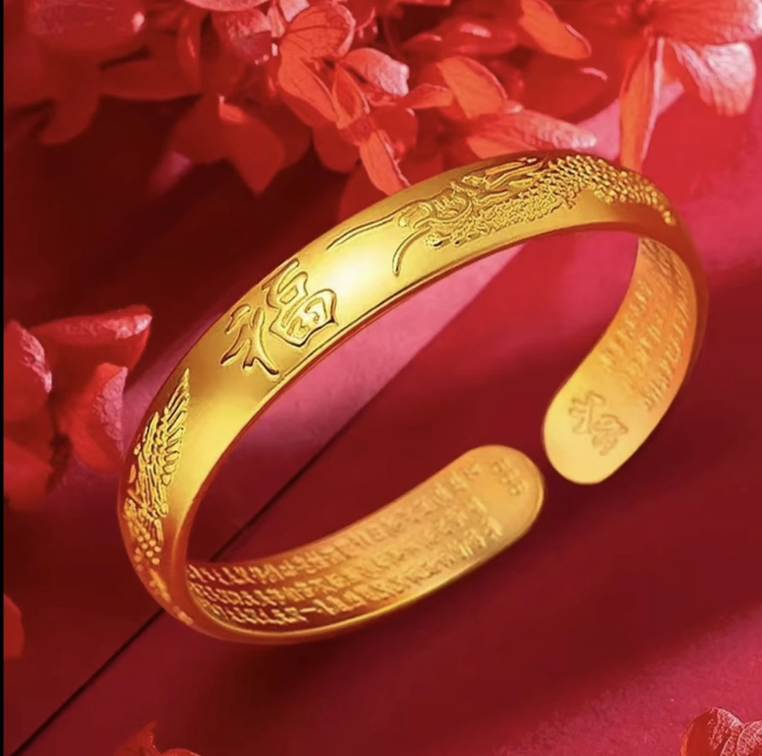 时尚福字开口可调节金色手镯气质雕刻经典古法镯子