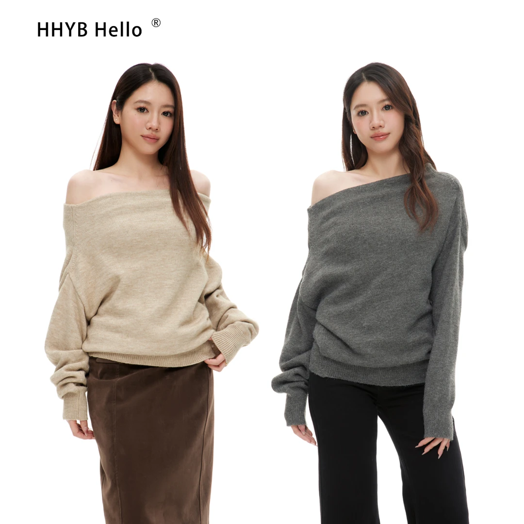 HHYB Hello一字领露肩长袖针织上衣女2024新款百搭显瘦上衣M577