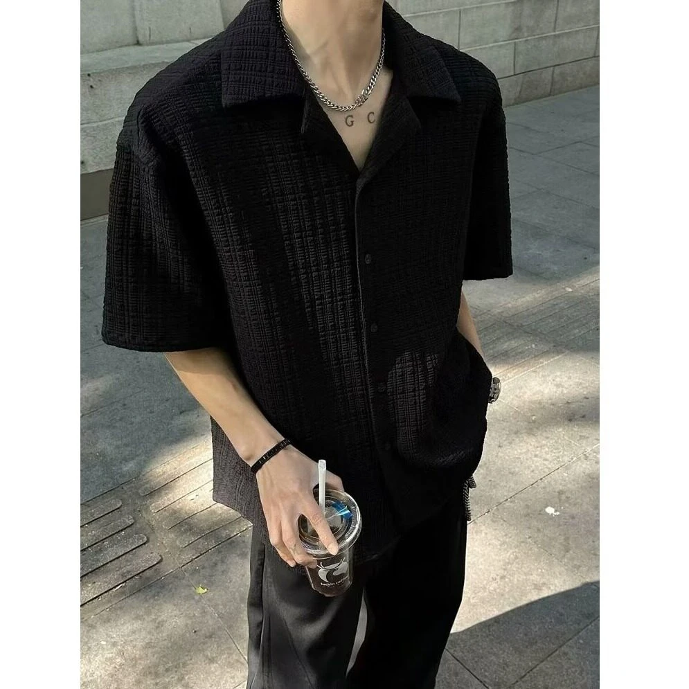 肌理感冰丝短袖衬衫男夏季潮牌高级感痞帅衬衣宽松凉感古巴领外套