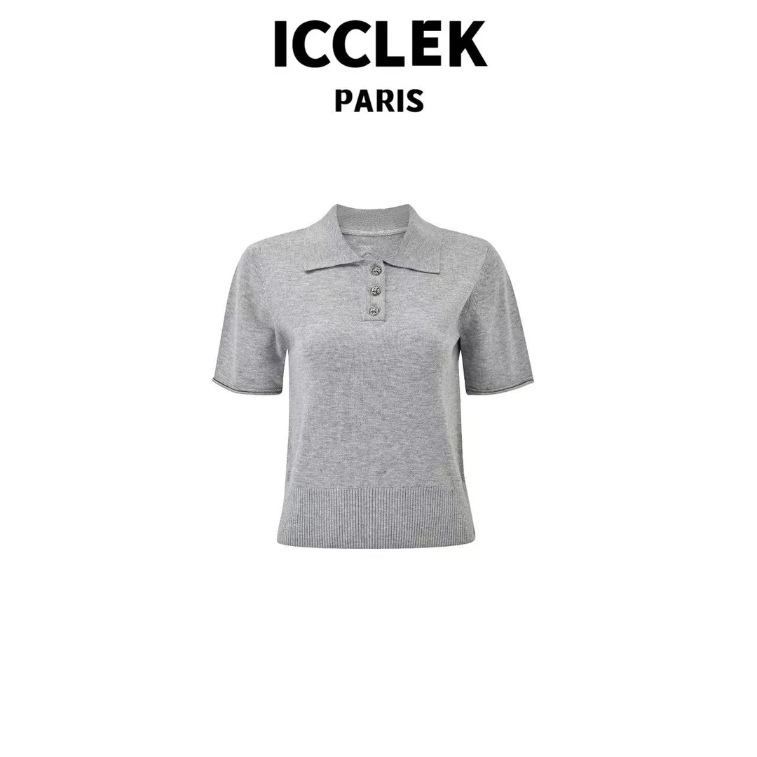 ICCLEK 灰色翻领针织短袖 夏季 休闲 百搭 -5236