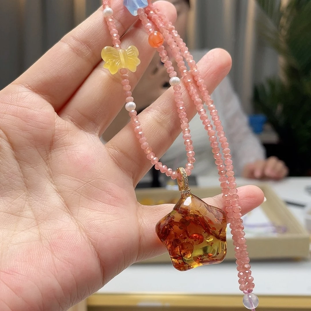 银S925镶嵌琥珀裸石琥珀吊坠