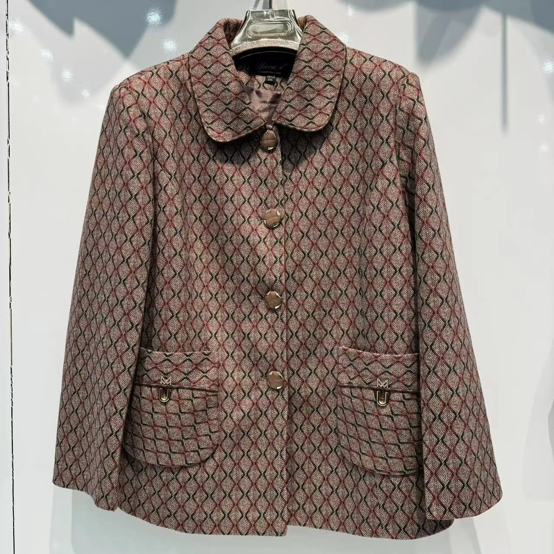 中老年女装格子复古翻领女士时尚妈妈短款春秋两用衫气质休闲