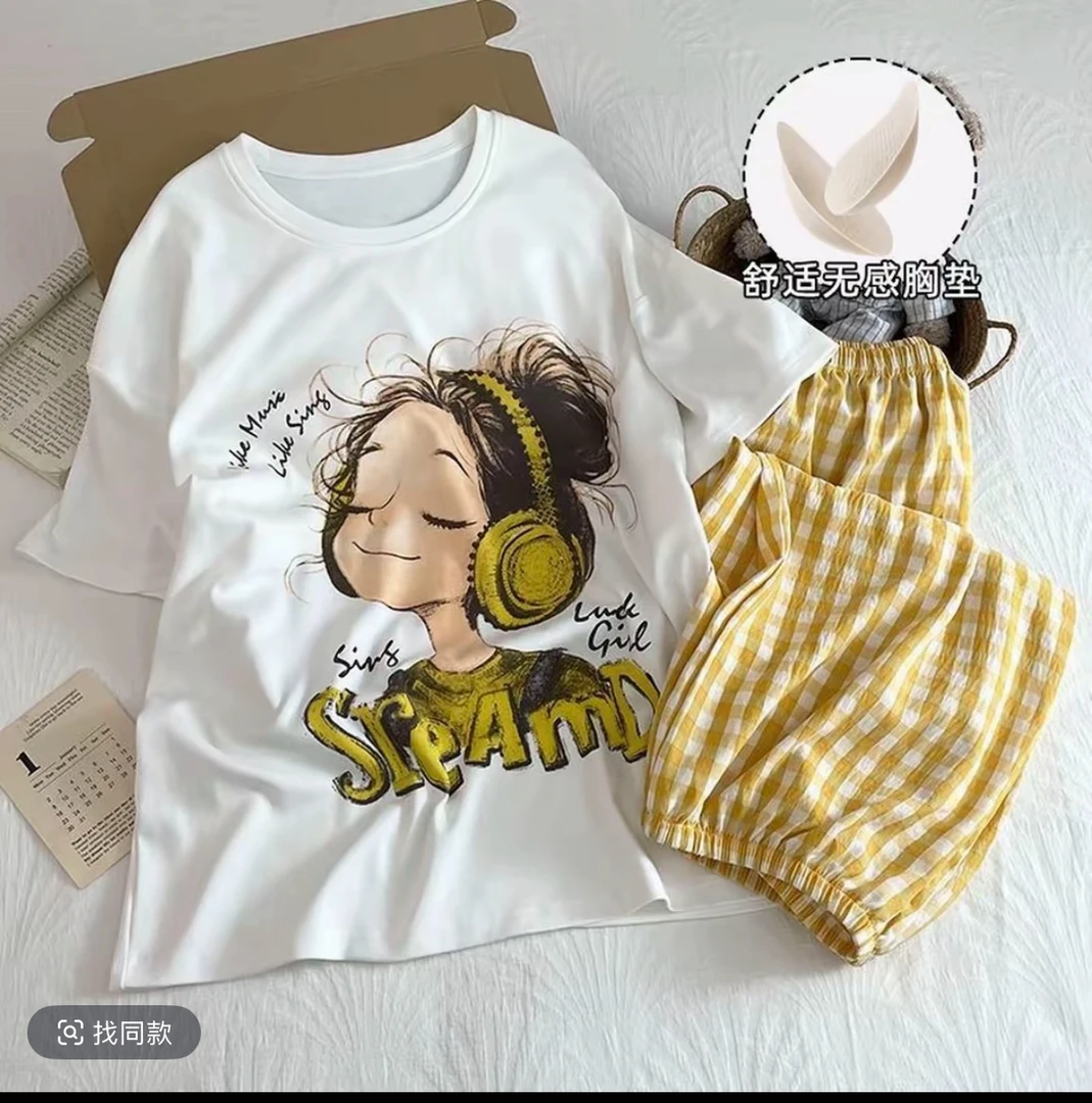三七可爱女孩长裤睡衣带胸垫套装新