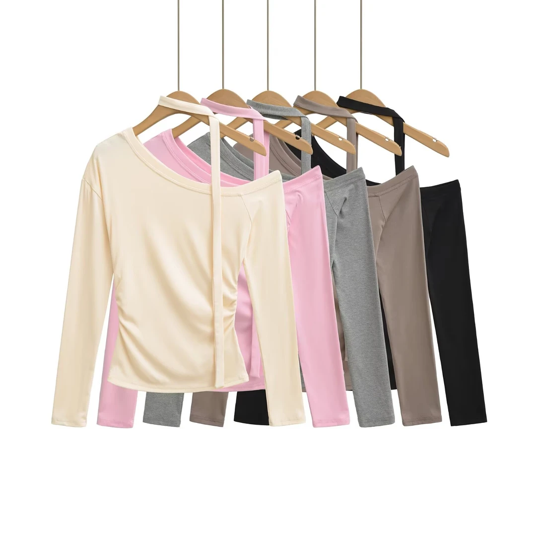 624欧美风新款设计感一字斜肩飘带长袖T恤收腰显瘦打底衫女